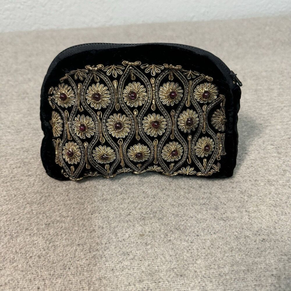 VTG Sudha Bag Black Velvet Beaded Evening Clutch Zip Closure 7.5x5 Party Elegant